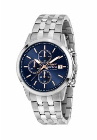 Orologio in acciaio inox argentato con quadrante blu, indicatori in oro rosa, tre quadranti secondari e un design a bracciale a maglie. Presenta una lunetta lucida.