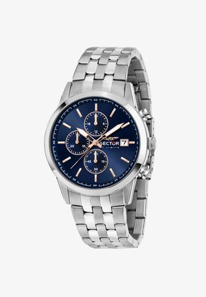 Orologio in acciaio inox argentato con quadrante blu, indicatori in oro rosa, tre quadranti secondari e un design a bracciale a maglie. Presenta una lunetta lucida.