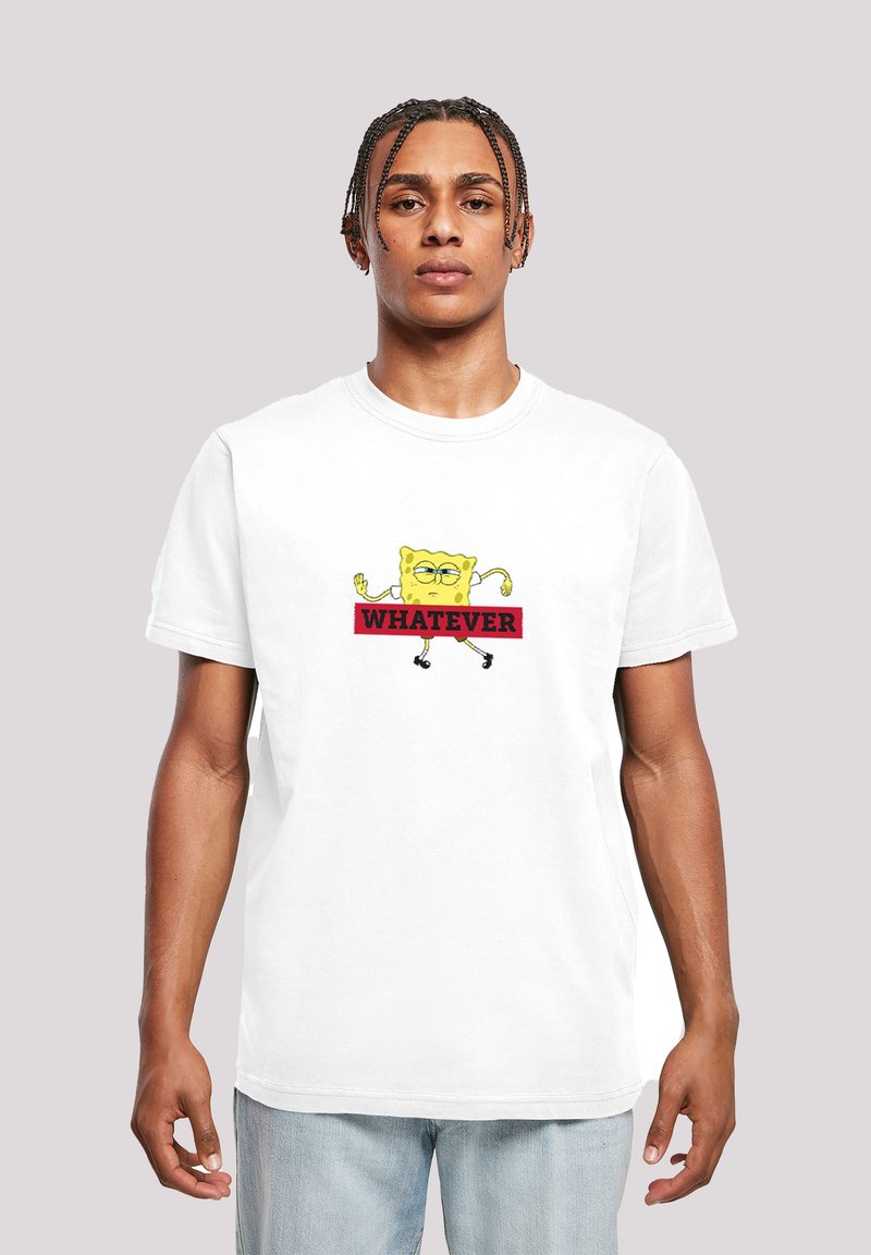 White cotton t-shirt featuring a yellow cartoon character with a smug expression and the word "WHATEVER" in bold red underneath.