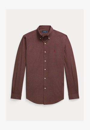 Camisa de botão de mangas longas em bordô com padrão geométrico branco, gola pontiaguda e pequeno logótipo bordado no peito.