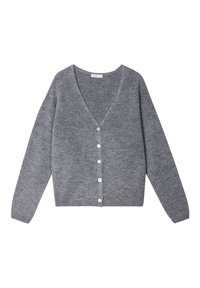 Cardigan grigio realizzato in un morbido tessuto testurizzato. Presenta un profondo scollo a V, maniche lunghe e sei bottoni bianchi frontali.