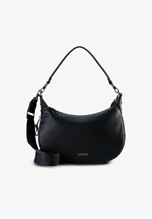 Bolso de cuero azul marino con forma curva, superficie texturizada, correa ajustable y un logo dorado "LIUJO" en la parte frontal.