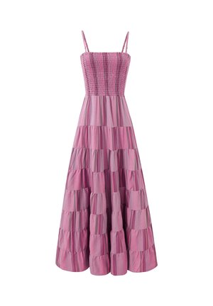 Robe maxi rose sans manches avec corsage smocké, bretelles fines ajustables et jupe à volants froncée avec de subtiles rayures verticales.