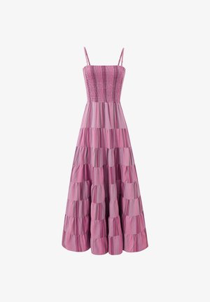 Robe maxi rose sans manches avec corsage smocké, bretelles fines ajustables et jupe à volants froncée avec de subtiles rayures verticales.