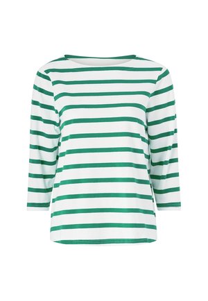 Grün-weiße gestreifte Langarm-T-Shirts mit Bootsausschnitt und relaxter Passform. Hergestellt aus weichem, atmungsaktivem Material.