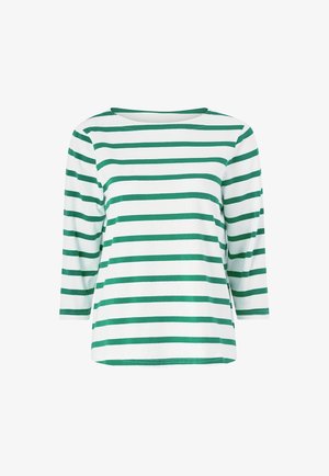 Zielono-biała pasiaste, długi rękaw koszulka z dekoltem łódką i luźnym krojem. Wykonana z miękkiego, przewiewnego materiału.