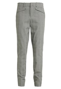 Gray plaid trousers with a fitted design. Features include front pockets and a smooth texture, highlighting the contrasting black and white check pattern.