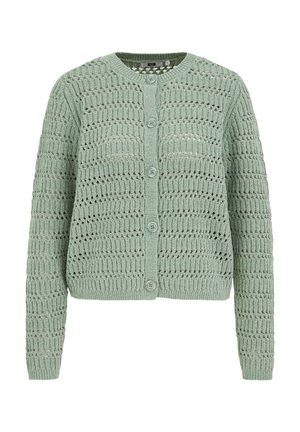 Mentola zaļa adīta kardigāna ar teksturētu rakstu, apaļu kakla izgriezumu un sešām priekšējām pogām. Garas piedurknes un īss dizains.