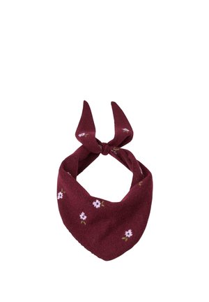 Vinrød stof bandana med små hvide og lilla blomstermønstre, foldet og bundet i en knude på toppen.
