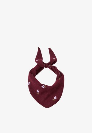 Vinrød stof bandana med små hvide og lilla blomstermønstre, foldet og bundet i en knude på toppen.