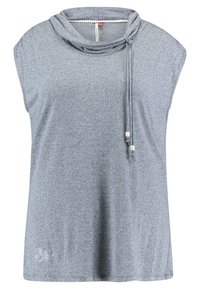 Světle šedý bezramenný top s drapovaným vrškem, šňůrkou s dekorativními korálky a jemným květinovým vzorem u spodního lemu. Měkká textilie.