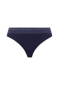 Navy blue cotton thong with a smooth texture and a wide striped waistband featuring light purple lines for subtle detail.