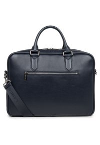 Navy leather laptop bag with dual top handles, removable shoulder strap, front zipper pocket, and textured finish. Silver-tone hardware accents.