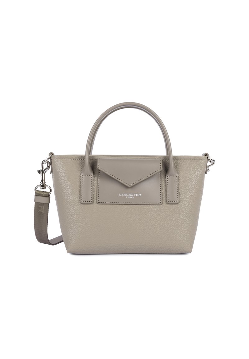 Taupe textured leather handbag with rounded handles, front flap pocket, and detachable shoulder strap with metal clasps.