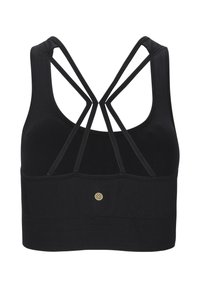 Soutien-gorge de sport noir au design ajusté, avec un dos à bretelles, une bande inférieure texturée, et un petit détail de logo doré sur le devant.
