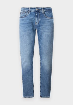 Jeans en denim bleu clair avec une coupe ajustée, style classique à cinq poches et légères décolorations. L'ourlet est droit avec peu d'effilochage.