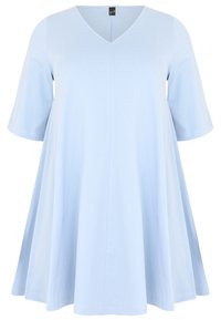 Ljusblå, kortärmad klänning med V-ringning, A-linjeformad, tillverkad av mjukt tyg, med en subtil söm ner i mitten.