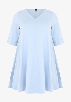 Light blue, short-sleeve dress with a V-neck, A-line shape, made of soft fabric, featuring a subtle seam down the center.