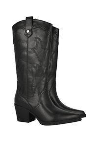 Botas de vaquero de cuero negro con detalles bordados, punta afilada y tacón cuadrado. Incluyen una lengüeta en la parte superior para facilitar su uso.