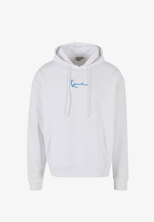 Witte hoodie met een voorzak en een blauw geborduurd logo. Gemaakt van zacht materiaal, met lange mouwen en geribbelde manchetten.