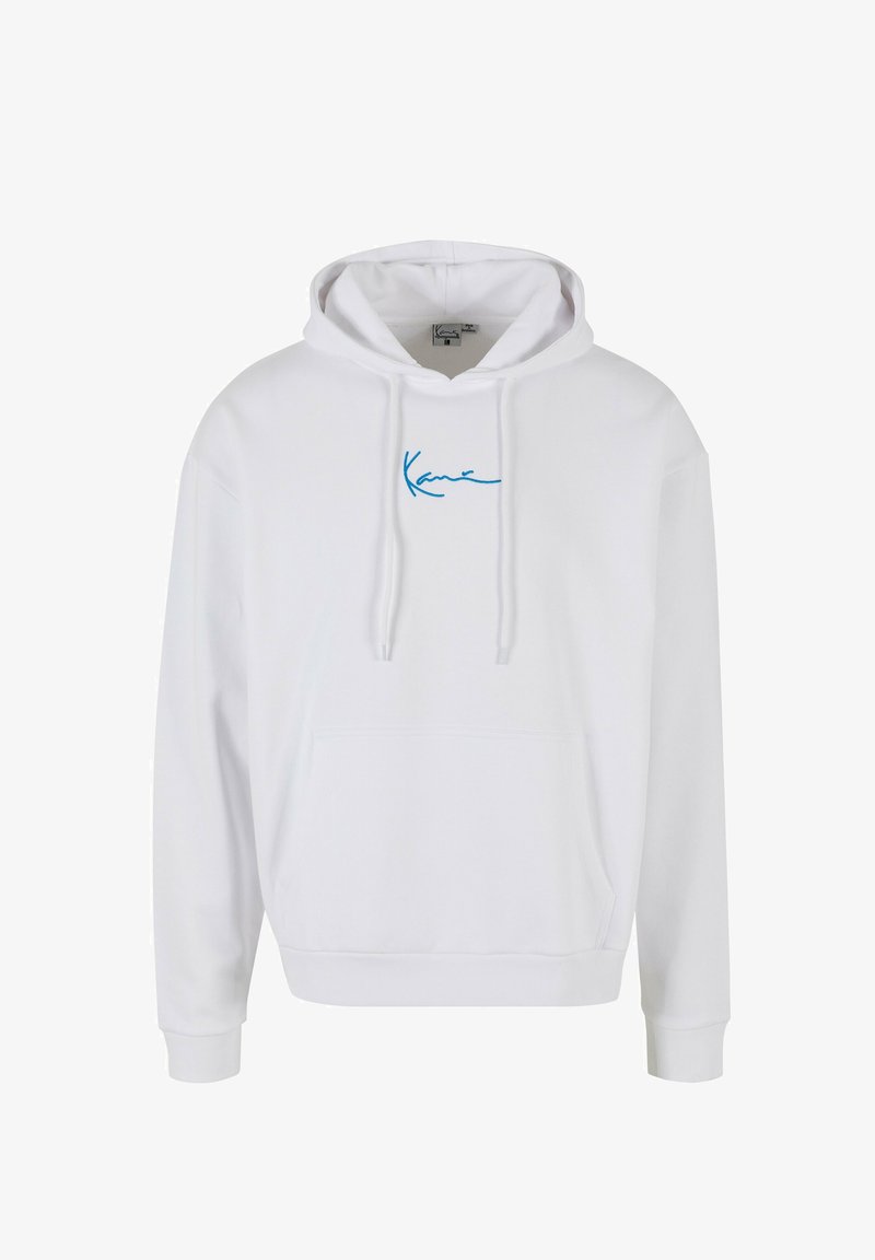 Sudadera blanca con capucha, con un bolsillo frontal y un logo bordado azul. Fabricada con material suave, cuenta con mangas largas y puños acanalados.