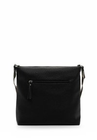 Black textured leather handbag with a zippered front pocket and an adjustable strap. Rectangular shape with a minimalist design.