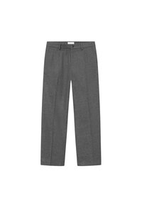 Γκρι παντελόνι από μείγμα μάλλινου υφάσματος με κατευθείαν γραμμή, που διαθέτει κουμπί κλεισίματος και καθαρή πτυχή μπροστά. Λείος υφασμάτινος χαρακτήρας.