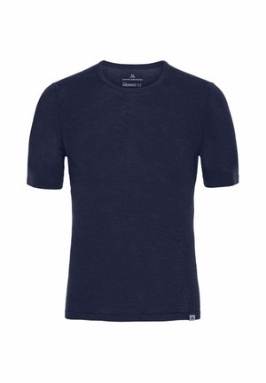 Maglietta blu navy a maniche corte con scollo rotondo, realizzata in lana merino, con una piccola etichetta rettangolare sull'orlo inferiore.
