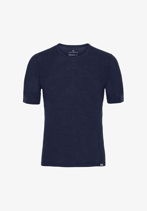 Maglietta blu navy a maniche corte con scollo rotondo, realizzata in lana merino, con una piccola etichetta rettangolare sull'orlo inferiore.