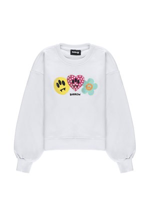 Felpa bianca con maniche lunghe a sbuffo con tre volti di cartone animato colorati: cerchio giallo, cuore rosso a pois e fiore blu con testo "BARROW" sotto.