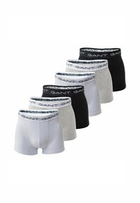 Men's boxer briefs set, includes white, grey, and black colors. Cotton material, snug fit, with branded elastic waistbands.