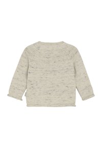 Kremowy, dziany sweterek dla niemowląt z długim rękawem i subtelnymi szarymi plamkami, pokazany z tyłu.