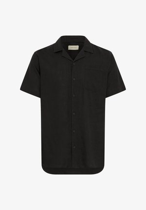 Short-sleeve black shirt in lightweight fabric, featuring a button front, pointed collar, single chest pocket, and a straight hem.