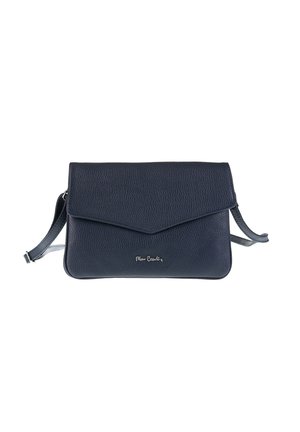 Borsa a spalla in pelle blu scuro con superficie texturizzata, chiusura a pattina e tracolla regolabile su sfondo bianco.