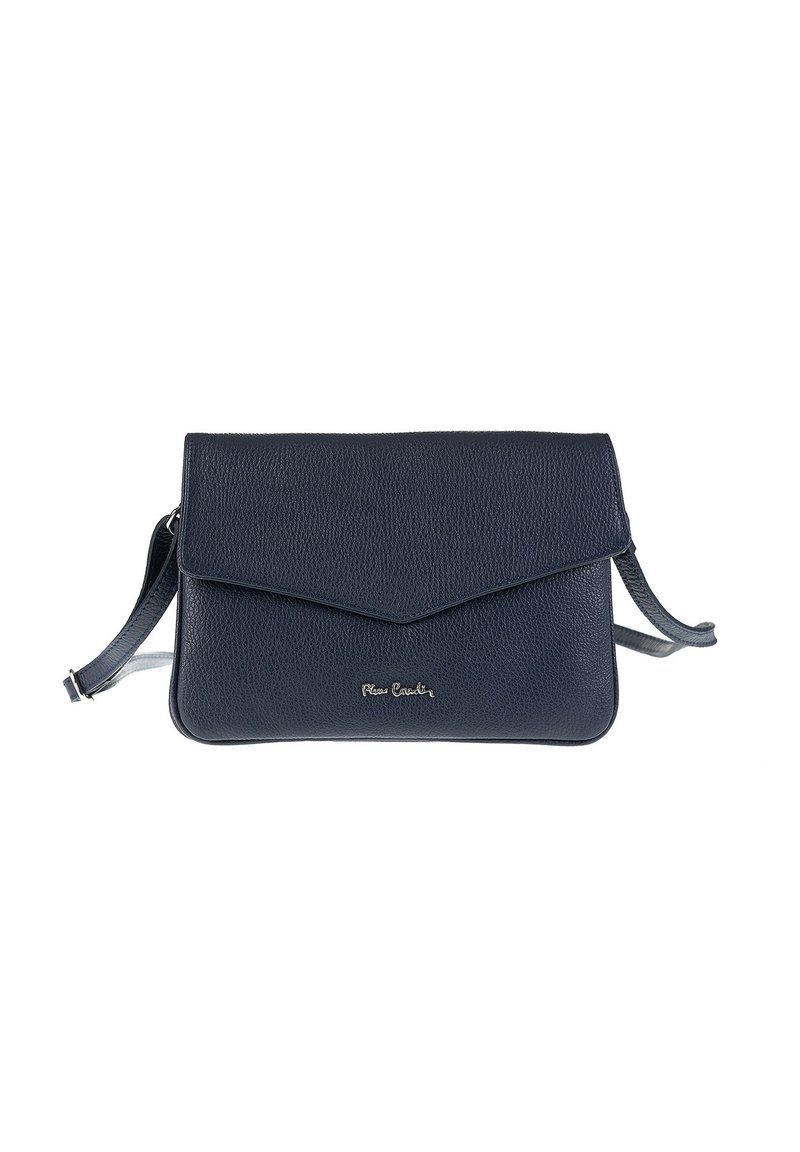 Borsa a spalla in pelle blu scuro con superficie texturizzata, chiusura a pattina e tracolla regolabile su sfondo bianco.