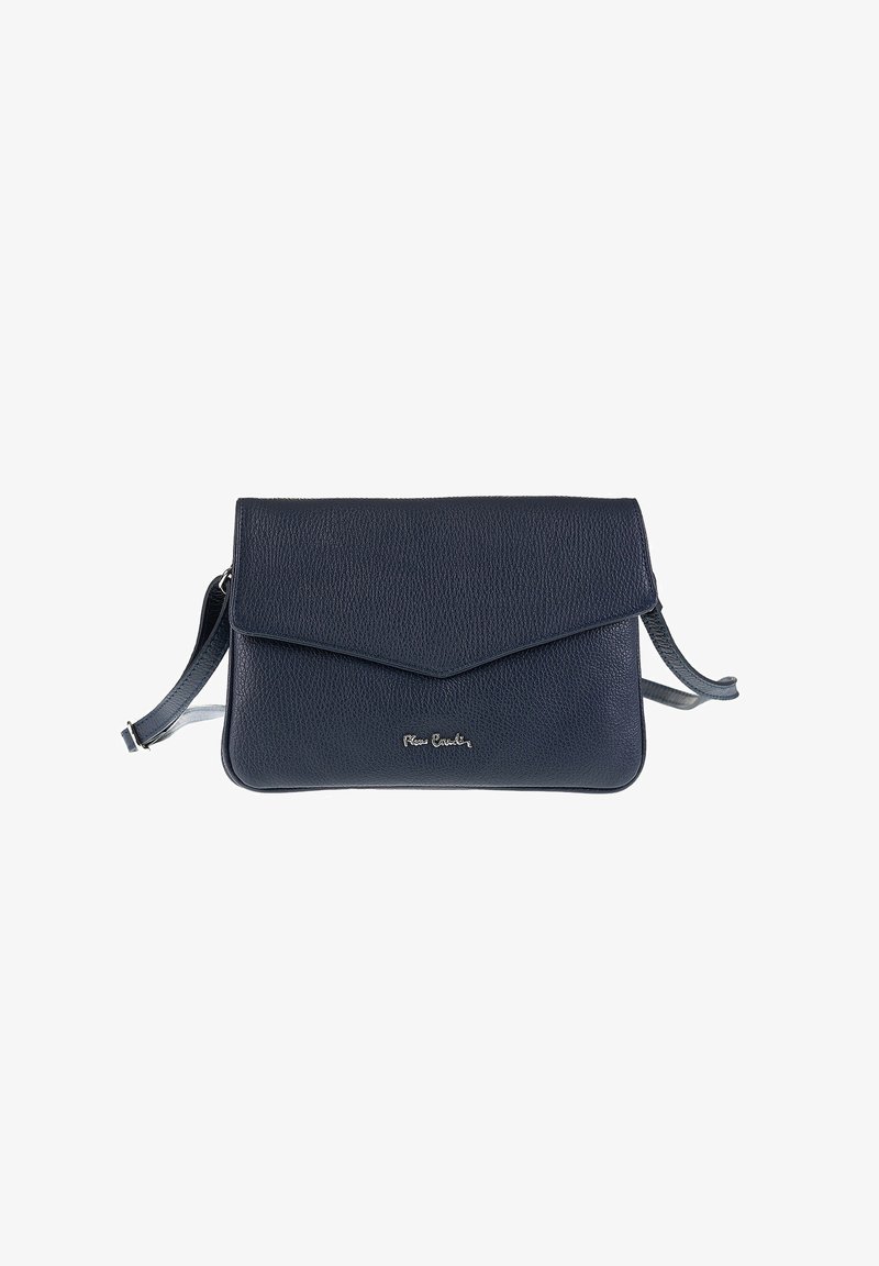 Borsa a spalla in pelle blu scuro con superficie texturizzata, chiusura a pattina e tracolla regolabile su sfondo bianco.