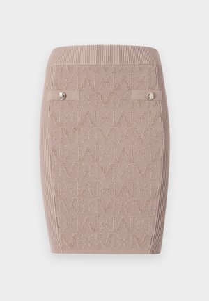 Strikket blyantskjørt i lys beige med teksturert "M"-mønster, ribbestrikket midje og to sidespenner for detaljer.