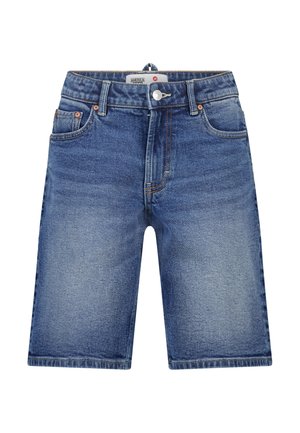 Blauwe denim knielange shorts met voorzakken, riemlussen en een knoopsluiting.