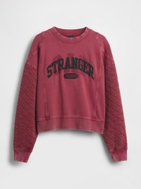 Sudadera roja corta con la inscripción "STRANGER THINGS" en letras negras. Presenta textura acolchada en las mangas y puños y cuello acanalados.