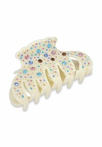 Clips per capelli in plastica di colore crema, adornati con gemme colorate rosa, blu e marroni. Presenta otto artigli curvi per una presa sicura.