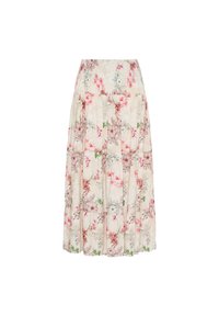 Blomster midi-nederdel med smock-bukser, prydet med rosa og grønne blomster på en creme-farvet baggrund, lavet af letvægtsstof.