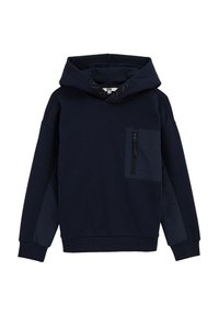 Tumesinine kapuutsiga dressipluus, valmistatud pehmest kangast, millel on suur eesmine tasku lukuga ja kontrastsed külgpaneelid. Struktuurne disain.