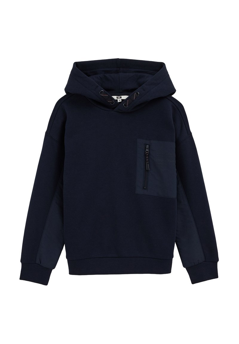 Tumesinine kapuutsiga dressipluus, valmistatud pehmest kangast, millel on suur eesmine tasku lukuga ja kontrastsed külgpaneelid. Struktuurne disain.