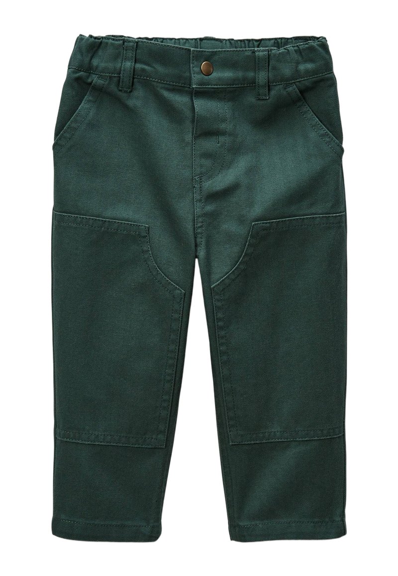 Pantalons en coton verts avec une taille ajustée, poches avant et une coupe droite. Tissu texturé avec des détails de couture visibles.