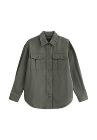 Olijfgroene langekledinghemdjack met knoopsluiting aan de voorkant, twee borstzakken met klep en kraag, gemaakt van stevig materiaal.