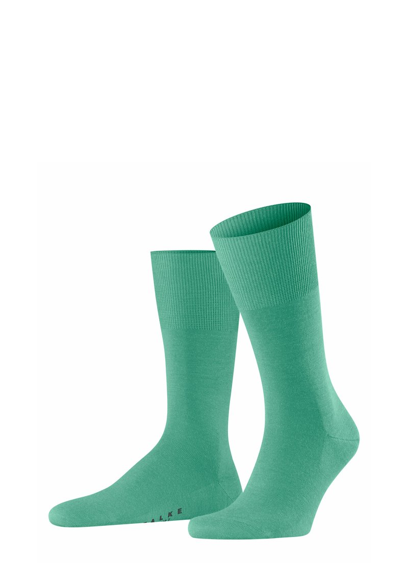 Grüne Socken aus einem glatten Material, mit einem gerippten Bund, nahtloser Zehenpartie und einer einfarbigen Gestaltung, die an der Seite ein kleines Logo trägt.