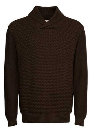 Dark brown knit sweater with textured front panel, ribbed shawl collar, long sleeves, and ribbed cuffs and hem.