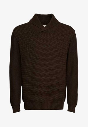 Dark brown knit sweater with textured front panel, ribbed shawl collar, long sleeves, and ribbed cuffs and hem.