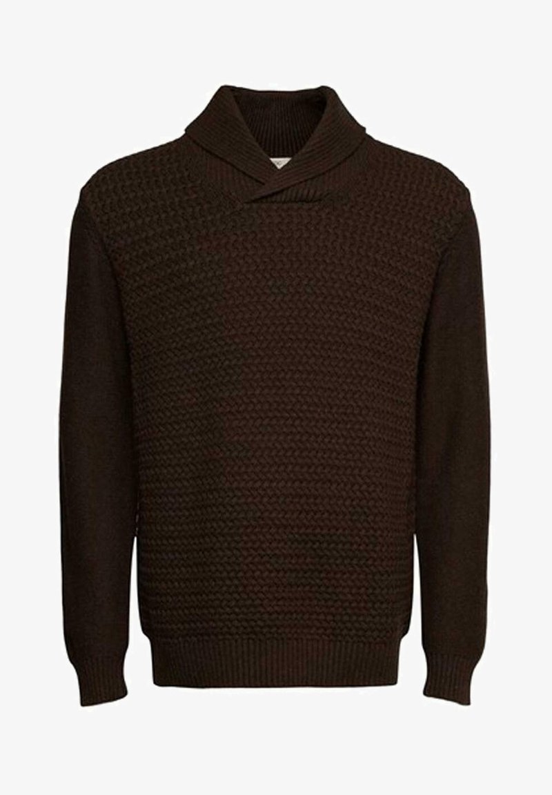 Pull en maille marron foncé avec panneau avant texturé, col châle côtelé, manches longues et poignets et ourlet côtelés.