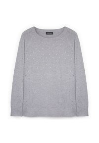 Maglione grigio lavorato a maglia con colletto a girocollo, caratterizzato da piccoli motivi a pois bianchi e argento, polsini e orlo a coste. Texture morbida, design aderente.